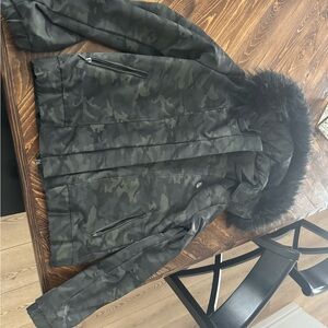 Camouflage Hooded Jacket with Faux Fur Trim